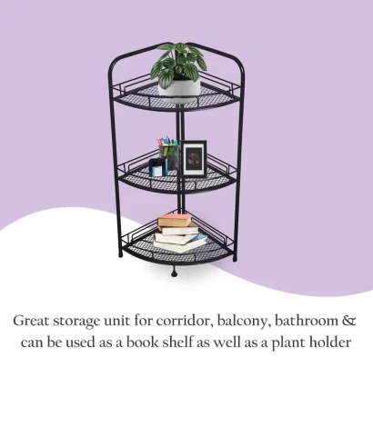 Sturdy storage unit holding books and plants in corridor or balcony
