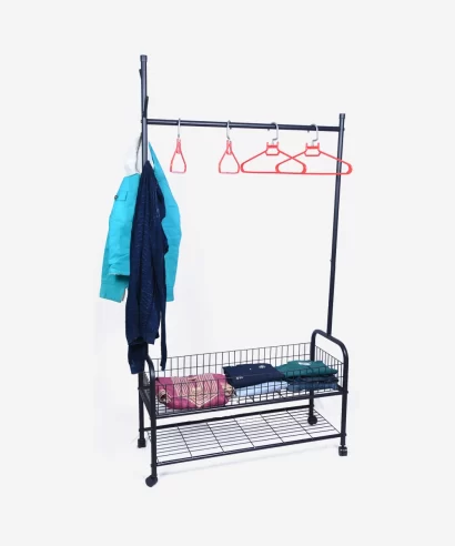 Ashley Multipurpose Stand (Black)-2 Foldable clothes rack organizing shoes, bags and hanging garments in a room