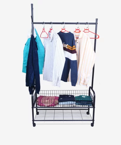 Ashley Multipurpose Stand (Black)--3 Foldable clothes rack organizing shoes, bags and hanging garments in a room