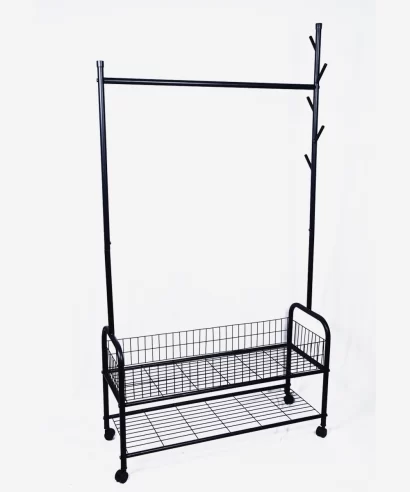 Ashley Multipurpose Stand (Black)-5 Inbuilt coat hanger and storage basket on Ashley multipurpose rack