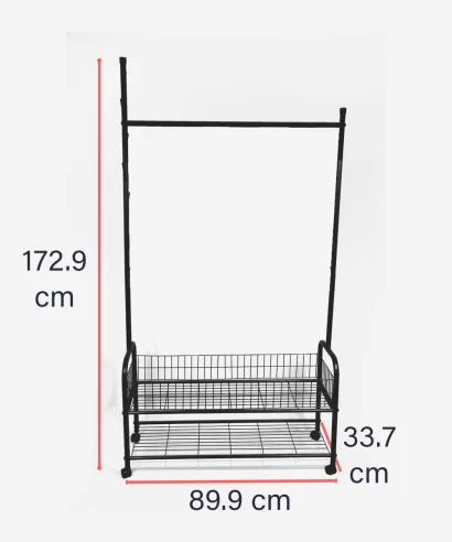 Ashley Multipurpose Stand (Black)-8 Inbuilt coat hanger and storage basket on Ashley multipurpose rack