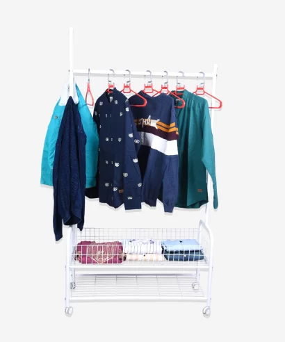 Ashley Multipurpose Stand (White)-1 Foldable clothes rack organizing shoes, bags and hanging garments in a room