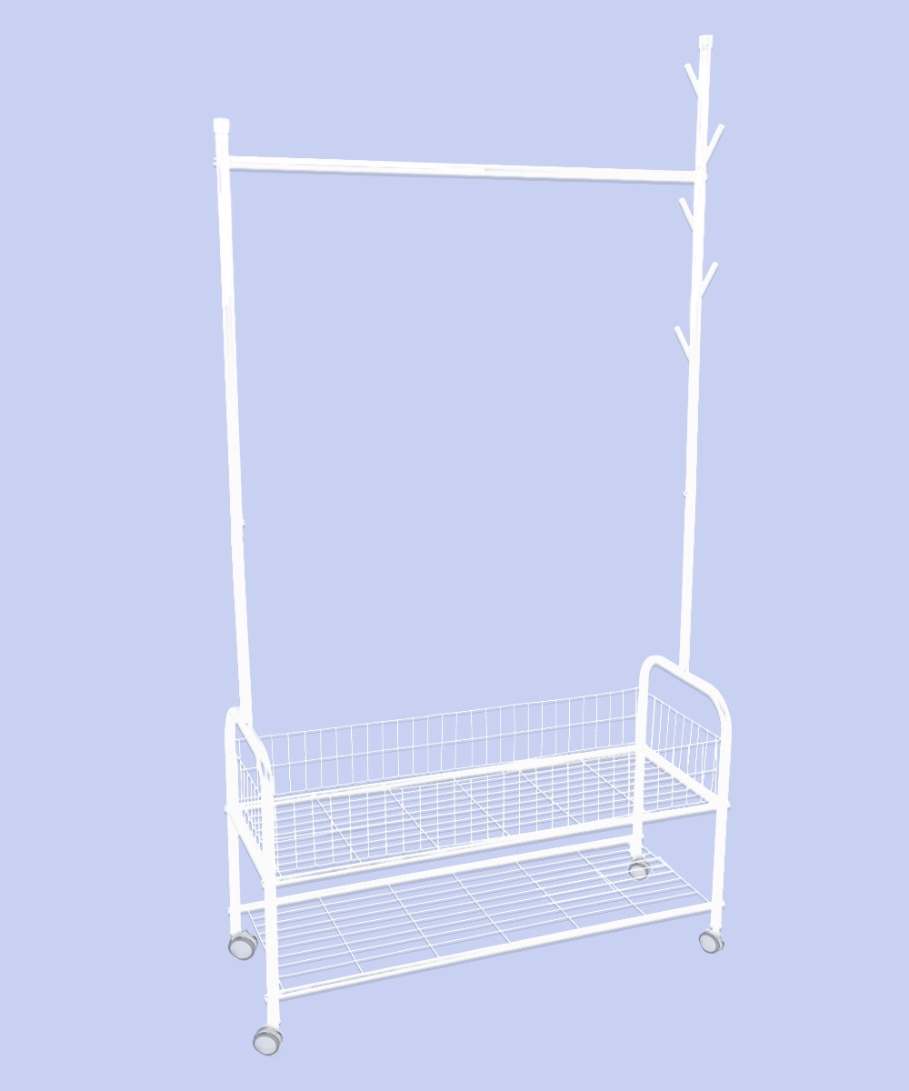 Ashley Multipurpose Stand (White)-3 Inbuilt coat hanger and storage basket on Ashley multipurpose rack