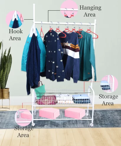 Foldable clothes rack organizing shoes, bags and hanging garments in a room