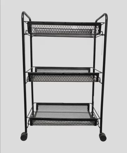 Rolling storage trolley with mesh shelves in home setting