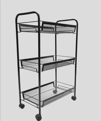 Rolling storage trolley with mesh shelves in home setting